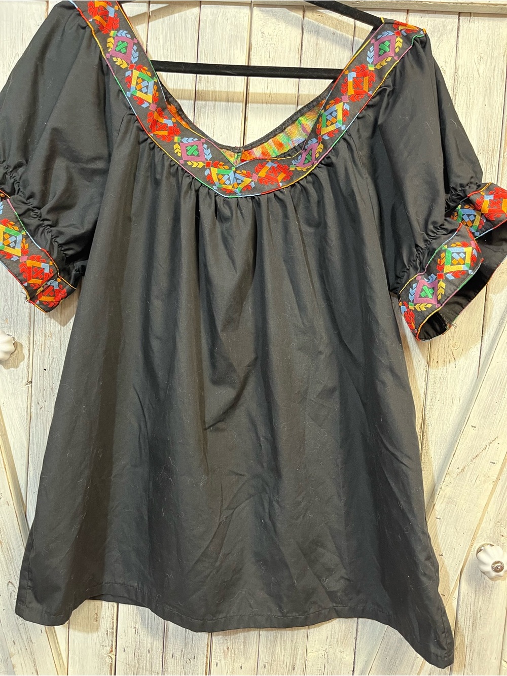 Black Embroidered Mexican-Style Peasant Tunic with Multicolor Trim